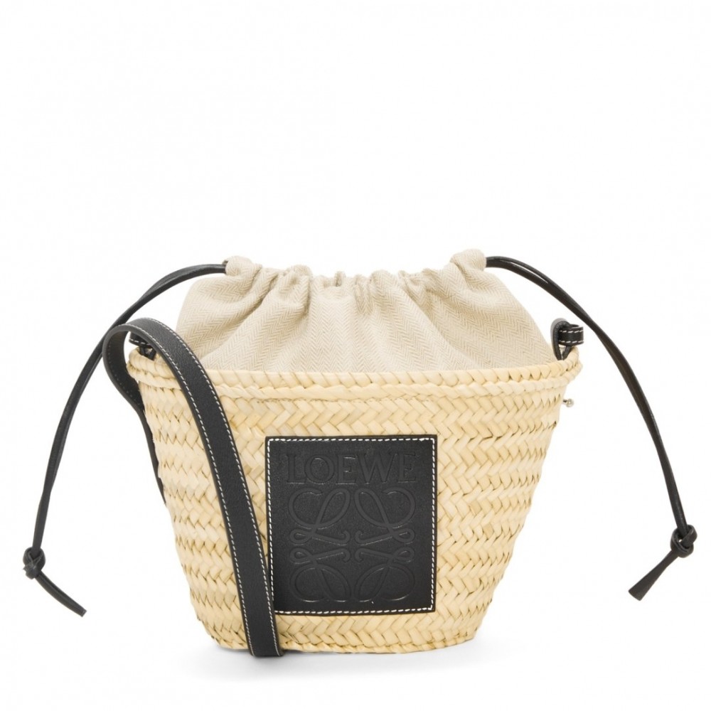 Loewe Drawstring Bucket Bag in Palm Leaf and Black Calfskin LS929022