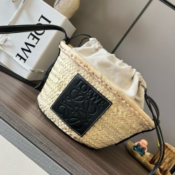 Loewe Drawstring Bucket Bag in Palm Leaf and Black Calfskin LS929022