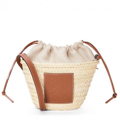 Loewe Drawstring Bucket Bag in Palm Leaf and Brown Calfskin LS929027