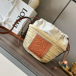 Loewe Drawstring Bucket Bag in Palm Leaf and Brown Calfskin LS929027