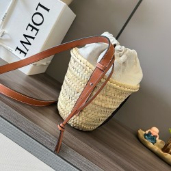 Loewe Drawstring Bucket Bag in Palm Leaf and Brown Calfskin LS929027