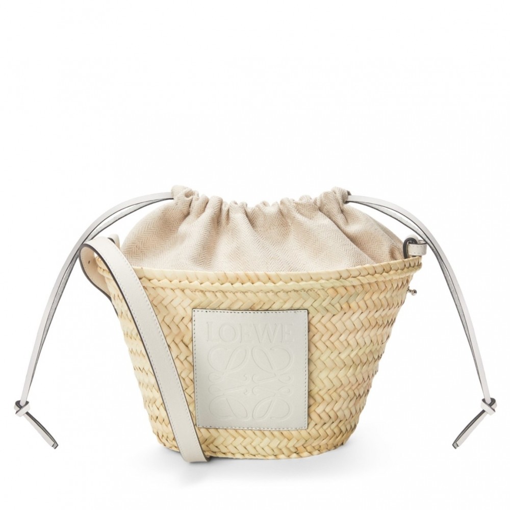 Loewe Drawstring Bucket Bag in Palm Leaf and White Calfskin LS929026