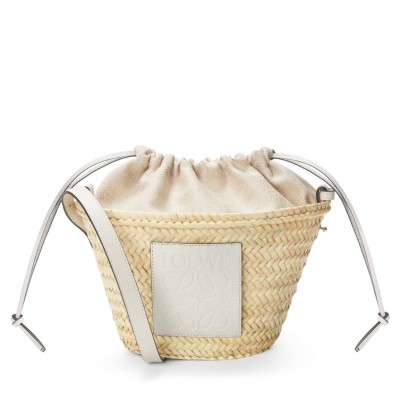 Loewe Drawstring Bucket Bag in Palm Leaf and White Calfskin LS929026