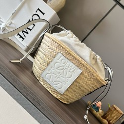 Loewe Drawstring Bucket Bag in Palm Leaf and White Calfskin LS929026