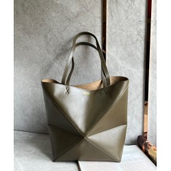 Loewe Large Puzzle Fold Tote Bag in Dark Green Calfskin LS929087