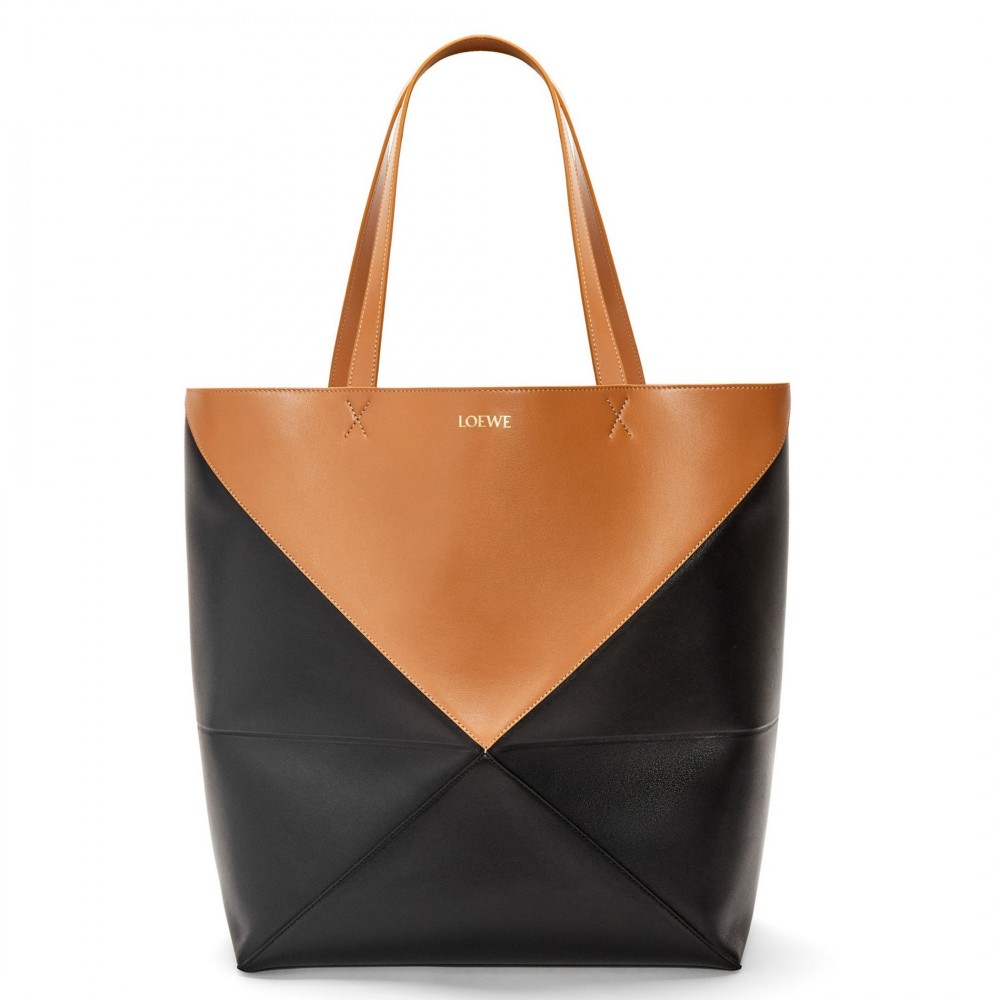 Loewe Large Puzzle Fold Tote Bag in Tan and Black Calfskin LS929095