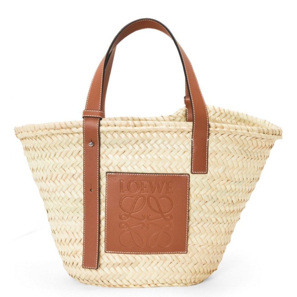 Loewe Medium Basket Bag in Raffia and Brown Calfskin LS929089