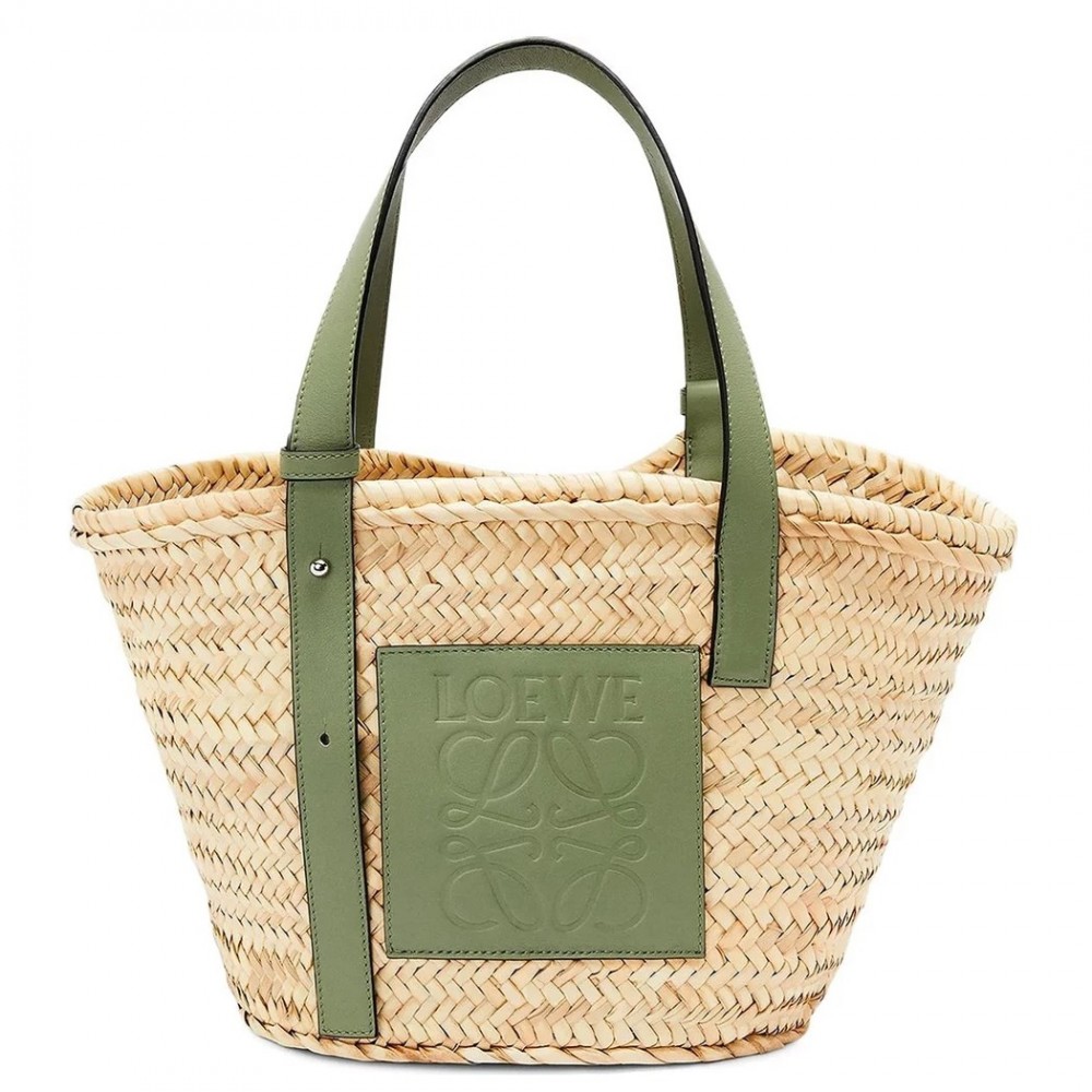 Loewe Medium Basket Bag in Raffia and Rosemary Calfskin LS929092