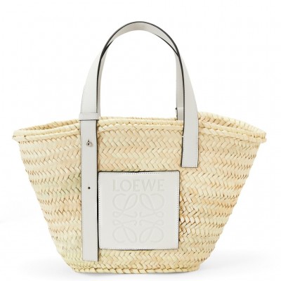 Loewe Medium Basket Bag in Raffia and White Calfskin LS929093