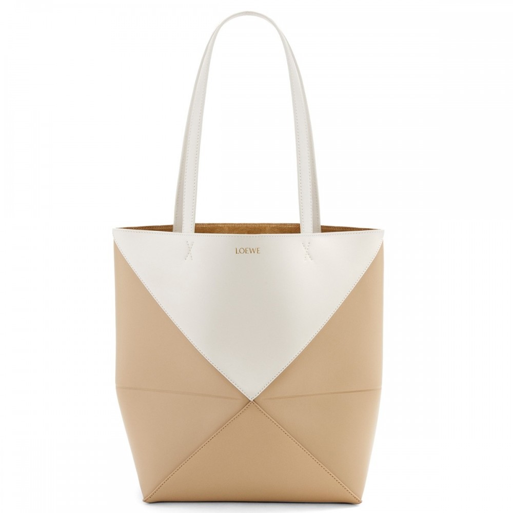 Loewe Medium Puzzle Fold Tote Bag in White/Beige Calfskin LS929120