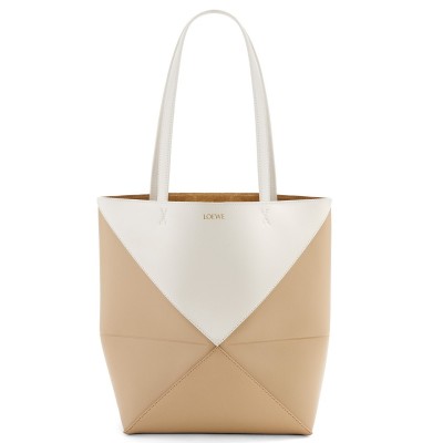 Loewe Medium Puzzle Fold Tote Bag in White/Beige Calfskin LS929120