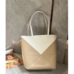 Loewe Medium Puzzle Fold Tote Bag in White/Beige Calfskin LS929120