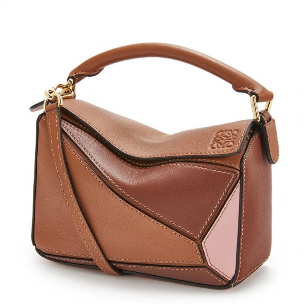 Loewe Mini Puzzle Bag In Brown/Camel/Pink Calfskin LS929167