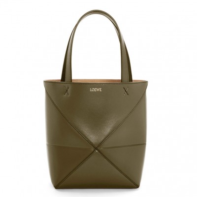 Loewe Mini Puzzle Fold Tote Bag in Dark Green Calfskin LS929173