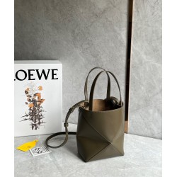 Loewe Mini Puzzle Fold Tote Bag in Dark Green Calfskin LS929173