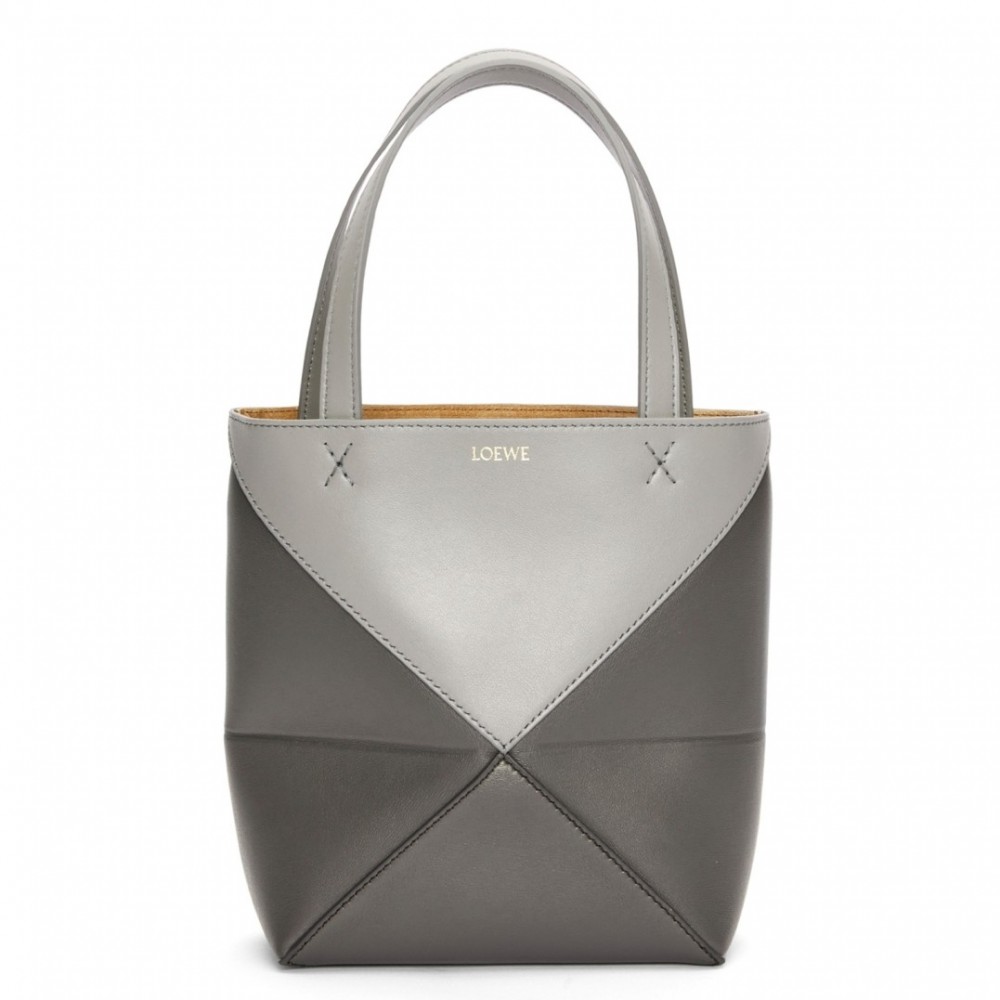 Loewe Mini Puzzle Fold Tote Bag in Grey/Dark Grey Calfskin LS929175