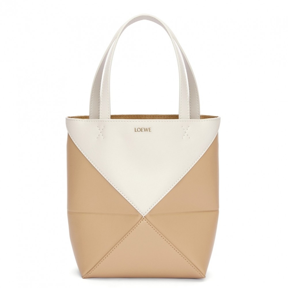 Loewe Mini Puzzle Fold Tote Bag in White/Beige Calfskin LS929176