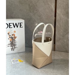 Loewe Mini Puzzle Fold Tote Bag in White/Beige Calfskin LS929176