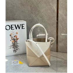 Loewe Mini Puzzle Fold Tote Bag in White/Beige Calfskin LS929176