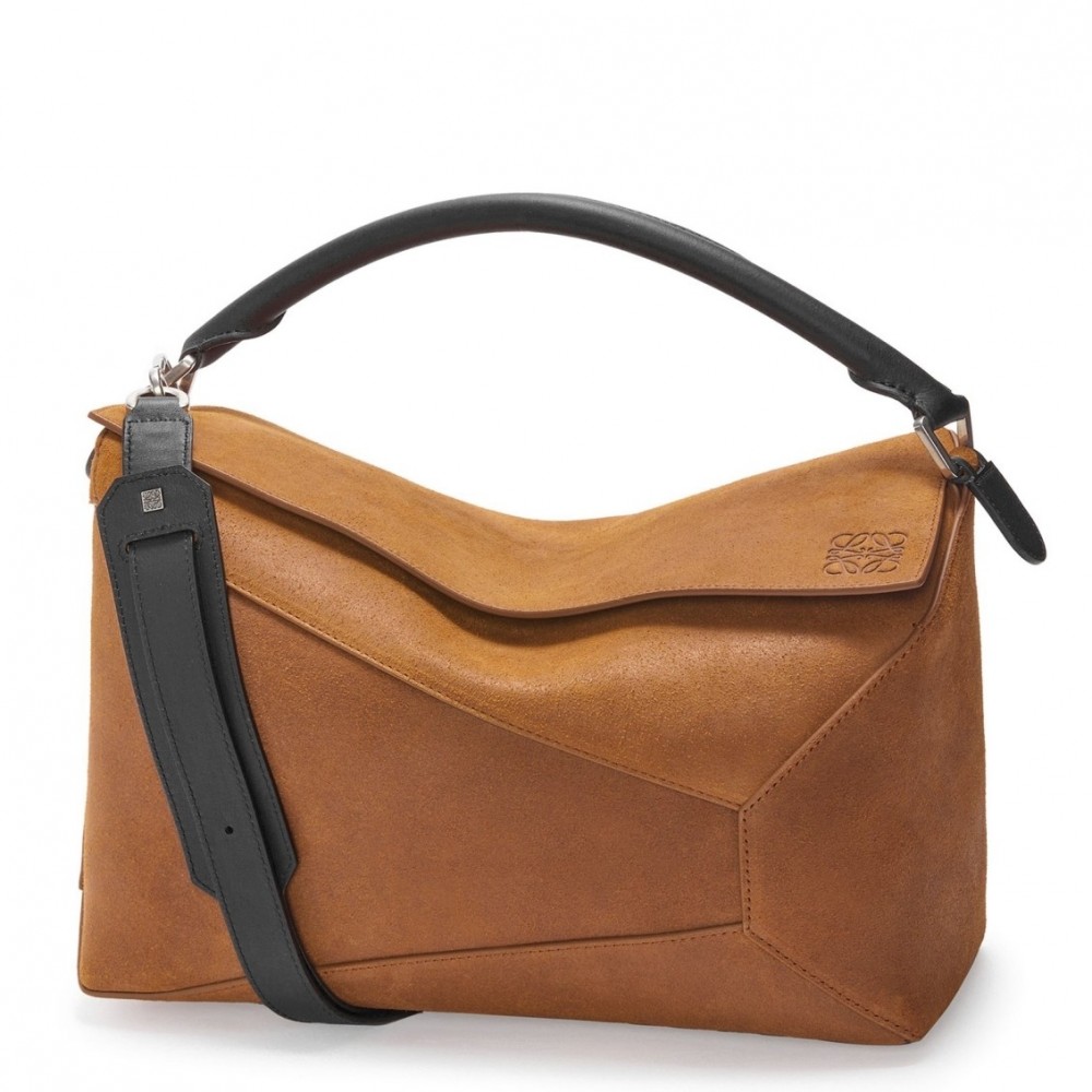 Loewe Puzzle Large Bag in Brown Suede Calfskin LS929188