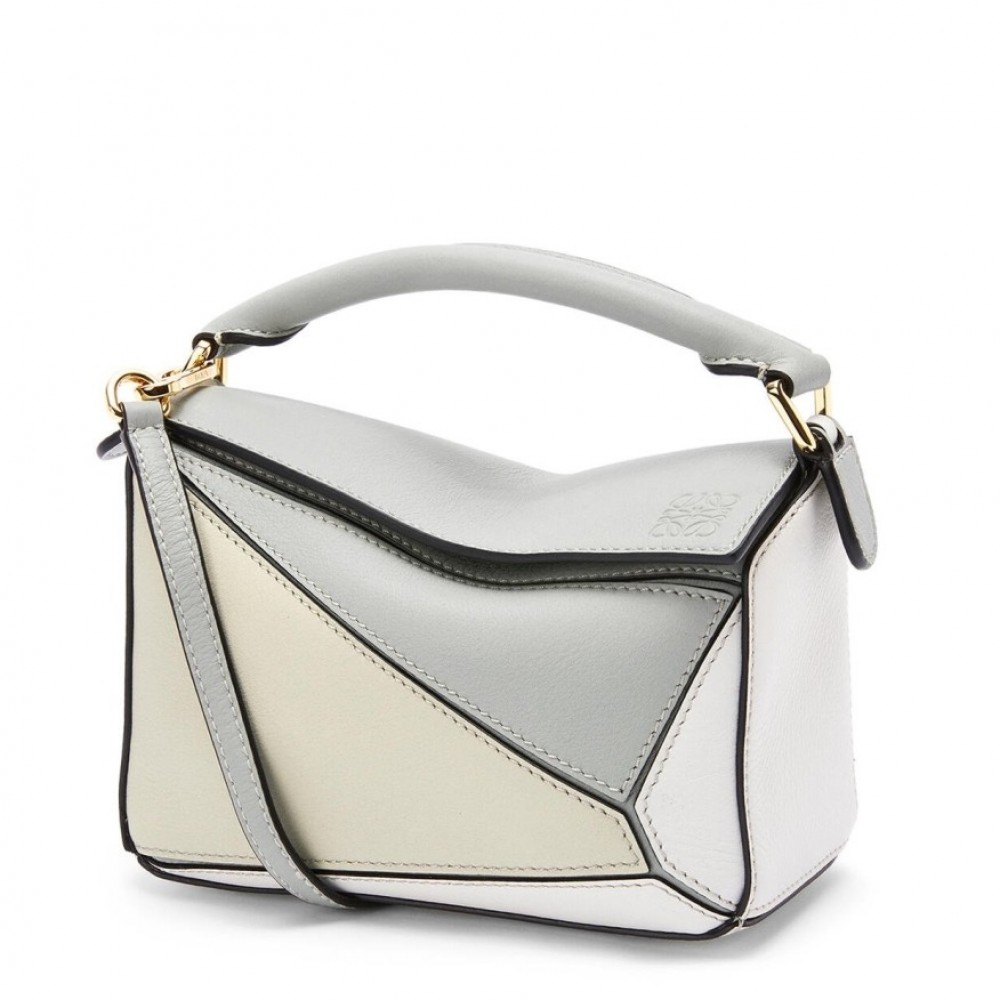 Loewe Puzzle Mini Bag In Grey/Cream/White Calfskin LS929198