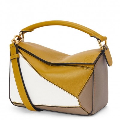 Loewe Puzzle Small Bag In Ochre/White/Taupe Calfskin LS929219