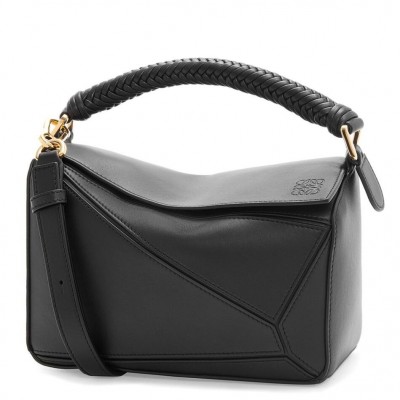 Loewe Puzzle Small Bag in Black Calfskin with Woven Handle LS929208