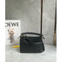 Loewe Puzzle Small Bag in Black Calfskin with Woven Handle LS929208