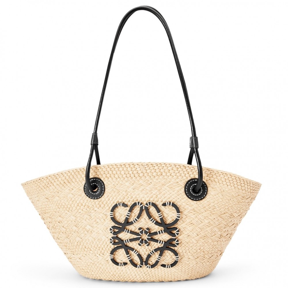 Loewe Small Anagram Basket Bag in Iraca Palm and Black Calfskin LS929225