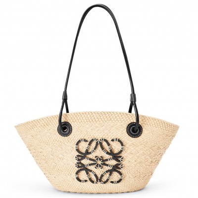 Loewe Small Anagram Basket Bag in Iraca Palm and Black Calfskin LS929225