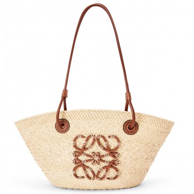 Loewe Small Anagram Basket Bag in Iraca Palm and Brown Calfskin LS929230