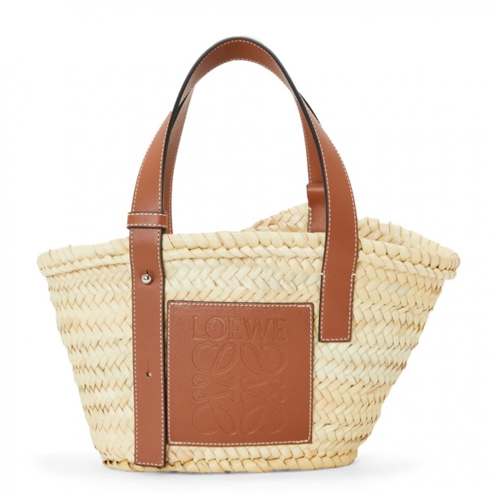 Loewe Small Basket Bag in Raffia and Brown Calfskin LS929244