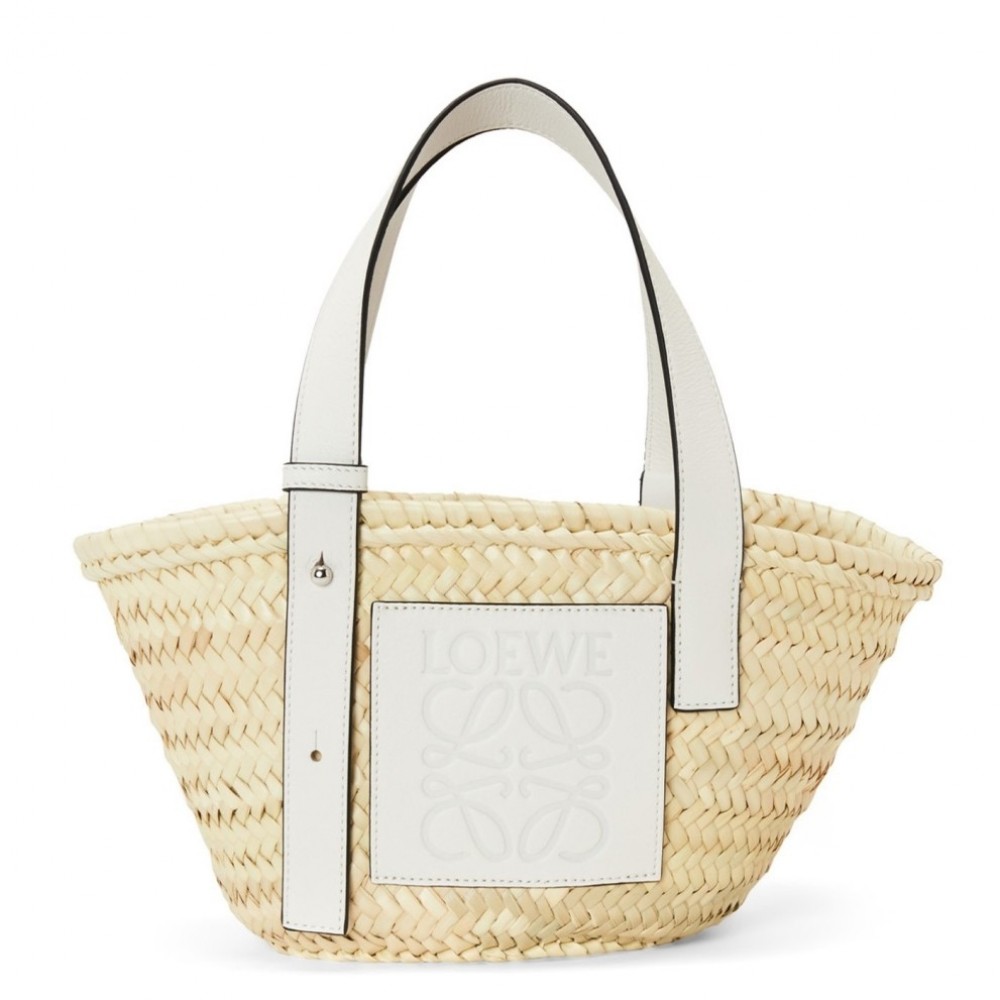 Loewe Small Basket Bag in Raffia and White Calfskin LS929246