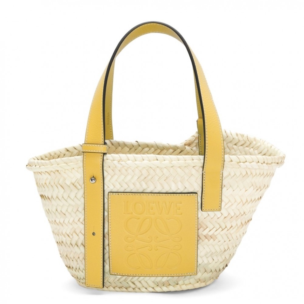 Loewe Small Basket Bag in Raffia and Yellow Calfskin LS929247