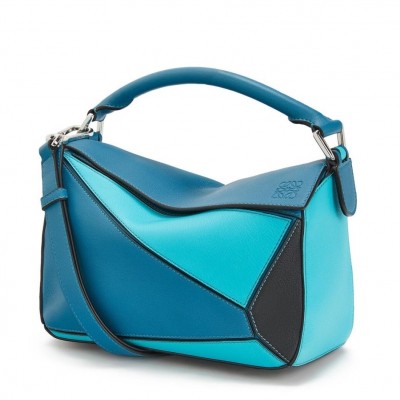 Loewe Small Puzzle Bag In Lagoon/Black/Blue Calfskin LS929271