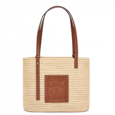 Loewe Small Square Basket Bag in Raffia and Brown Calfskin LS929277