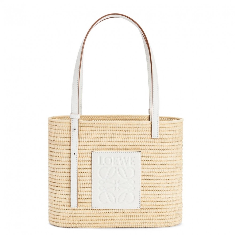 Loewe Small Square Basket Bag in Raffia and White Calfskin LS929278