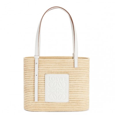 Loewe Small Square Basket Bag in Raffia and White Calfskin LS929278